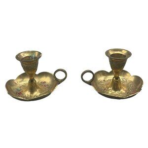 set of 2 Vintage Bedside Candlestick Portable holder made in India embossed READ